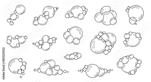 A versatile collection of hand-drawn soap bubble and foam illustrations in a clean line art style, perfect for various design projects.