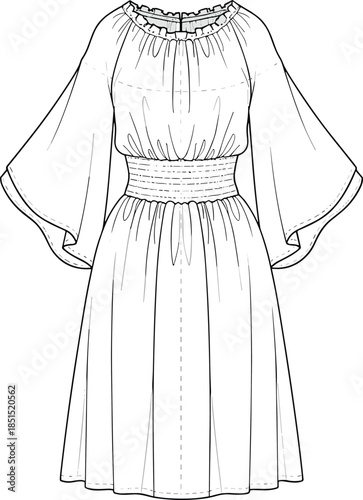 Women midi dress technical sketch CAD flat vector illustration of smocked waist flutter sleeve fashion clothing pattern design