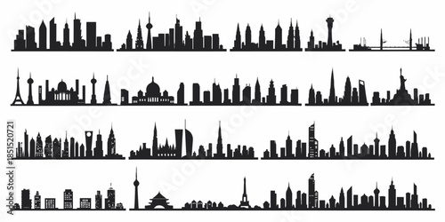 City skylines with iconic buildings around the world in black silhouette