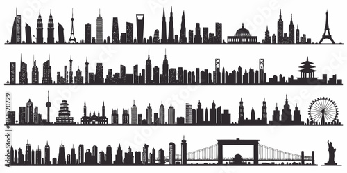 City skylines from around the world in black silhouette