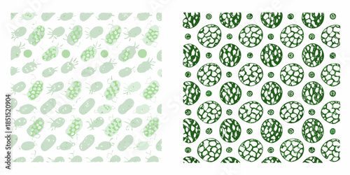 Abstract patterns of repeating green shapes resembling cells or organic forms