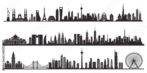 City skylines with iconic landmarks and modern architecture