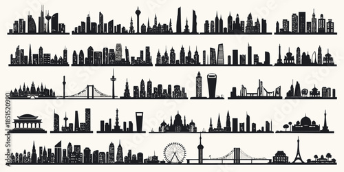 Black silhouettes of famous city skylines and landmarks worldwide