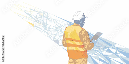 Construction worker inspecting a large tower structure with digital tablet