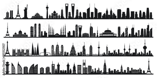 Black silhouettes of famous city skylines from around the world
