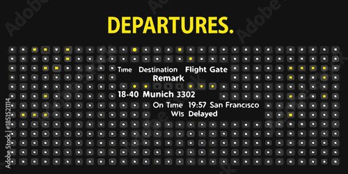 Airport departures board displaying flight information with time destination and gate details