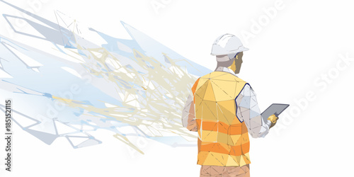 Construction worker examining blueprints with a digital burst effect around him