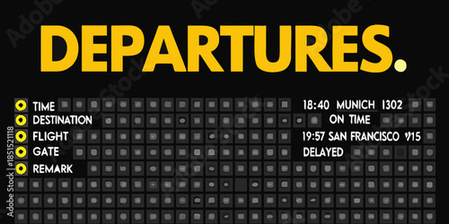 Airport departures board displaying flight information and status updates in yellow
