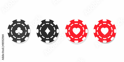 Four casino chips with different suit symbols arranged in a row