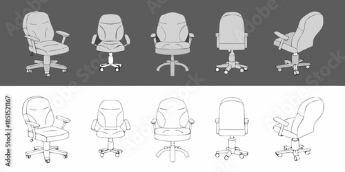 A series of office chair designs sketched in different perspectives and styles