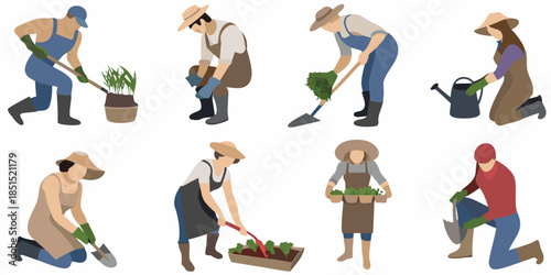 Diverse group of gardeners working with plants and tools in a field