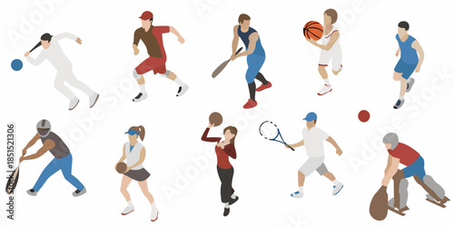 Diverse group of athletes engaged in various sporting activities illustrated in flat design