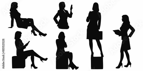 Silhouettes of stylish women in various poses and professional attire