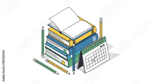 Stack of open and closed books with pencils and a desk calendar marked for study planning. session!!