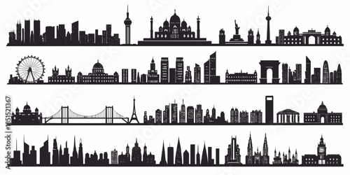 City skylines from around the world in black silhouette