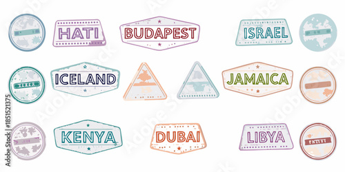 Colorful travel stamps representing various countries and destinations around the world