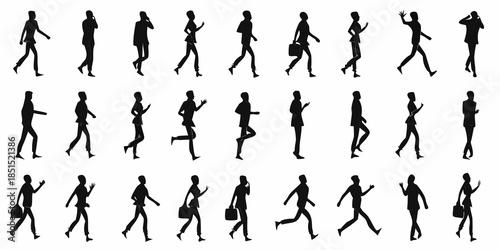 Silhouettes of people in various walking and moving poses on a white background