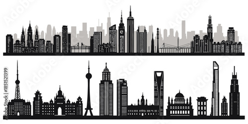 City skylines with modern architecture in black silhouette