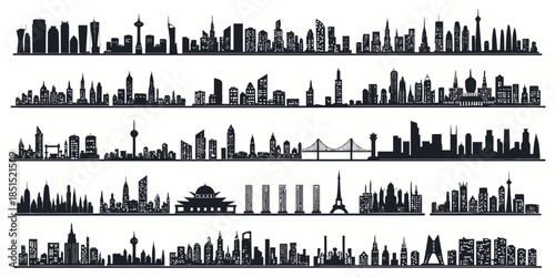 City skylines from around the world in black silhouette
