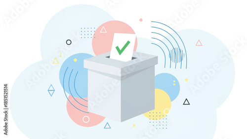 Stylized ballot box with a ticked ballot emerging surrounded by colorful circles and abstract waves