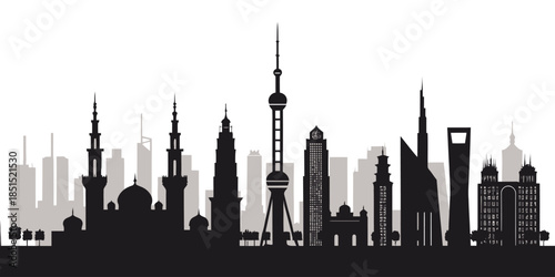 Modern city skyline with mosque and skyscrapers at sunset