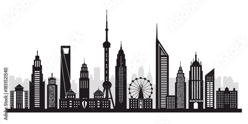 Modern city skyline with sleek skyscrapers and Ferris wheel