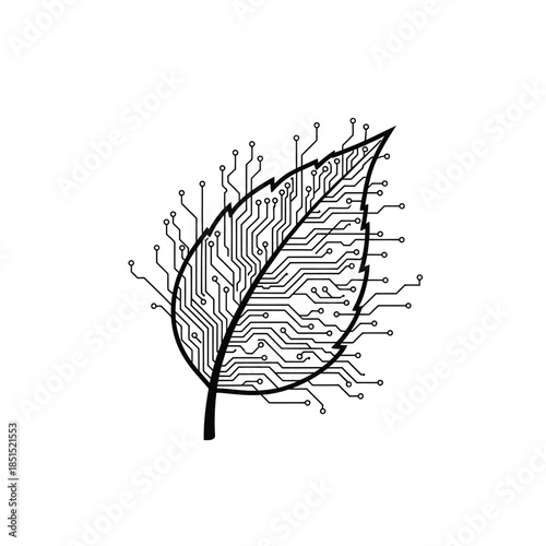 Black circuit board leaf graphic with intricate lines and nodes technology nature