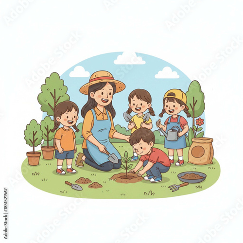 A teacher and his students are learning to plant trees in nature.