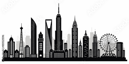 Modern city skyline with iconic skyscrapers and ferris wheel