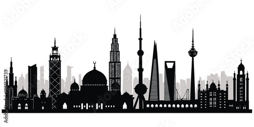Kuwait City skyline with modern skyscrapers and mosque silhouettes