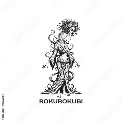 Eerie vintage etching of the Japanese yokai Rokurokubi, a woman in a kimono with an unnaturally elongated, serpentine neck and tattered robes