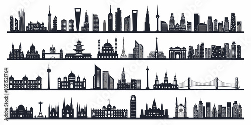 City skylines from around the world in black silhouette