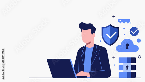 Man Working on Laptop with Cyber Security and Data Protection Concept