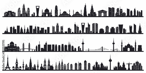 City skylines with famous landmarks and modern architecture