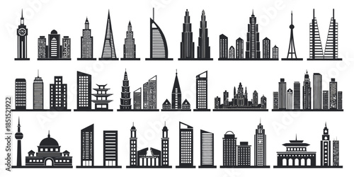 Black silhouettes of iconic city skylines from around the world