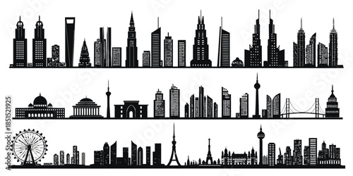 City skylines from around the world in black silhouette