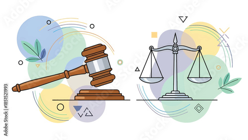 Wooden gavel and balanced scales set against pastel circles, leaves, lines and geometric decorations