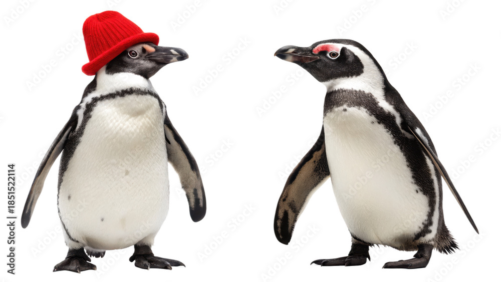 Fototapeta premium Two penguins standing side by side one wearing a red hat
