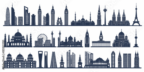 City skylines from around the world in elegant dark blue silhouettes