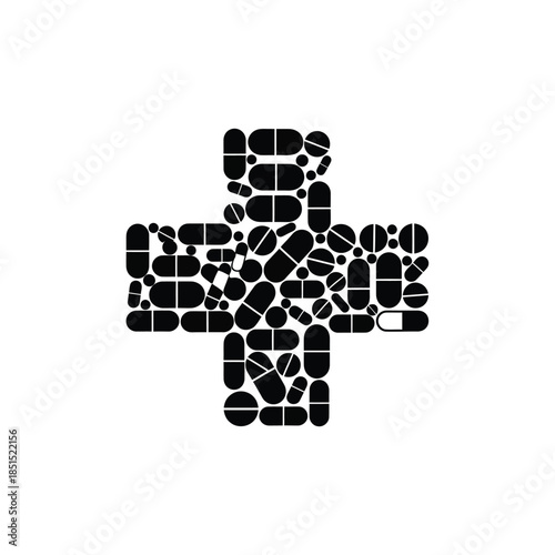 Black medical cross shape formed by various pills and capsules on white background health healthcare