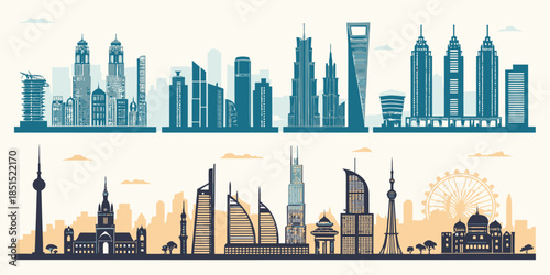 Modern city skylines with iconic buildings and Ferris wheel