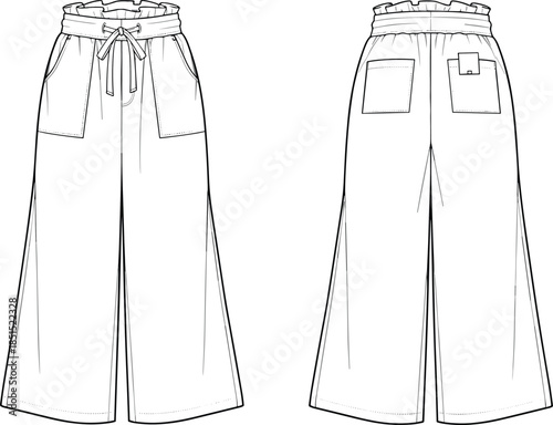 Women wide leg pants technical sketch CAD flat vector illustration of paperbag waist trousers fashion clothing pattern template