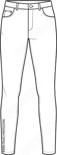 Women skinny jeans technical sketch CAD flat vector illustration of modern denim pants clothing pattern fashion design template