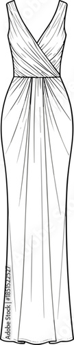 Women wrap bodice evening gown technical flat drawing, sleeveless long elegant dress with draped skirt, cad vector illustration
