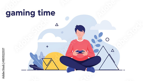 Young person seated cross-legged outdoors holding a game controller amid abstract foliage and shapes