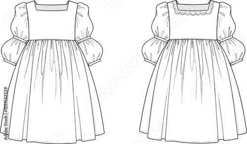 Vintage girls dress technical sketch CAD flat vector illustration of puff sleeve apron style clothing pattern design sewing fashion template