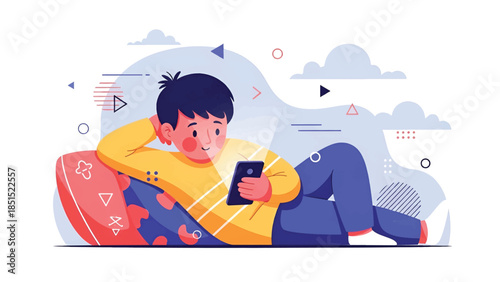 Young person reclining on colorful cushions, smiling at smartphone glow in relaxed modern scene vibe