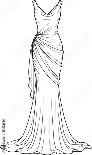 Women draped evening gown technical flat drawing, sleeveless ruched long dress with train, elegant fashion cad vector illustration