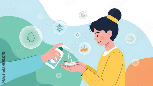 Young woman receives hand sanitizer into cupped hands, surrounded by bubbles and hygiene icons tips