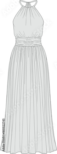 Women halter neck pleated maxi dress technical flat drawing, elegant long flowy gown, fashion apparel cad vector illustration